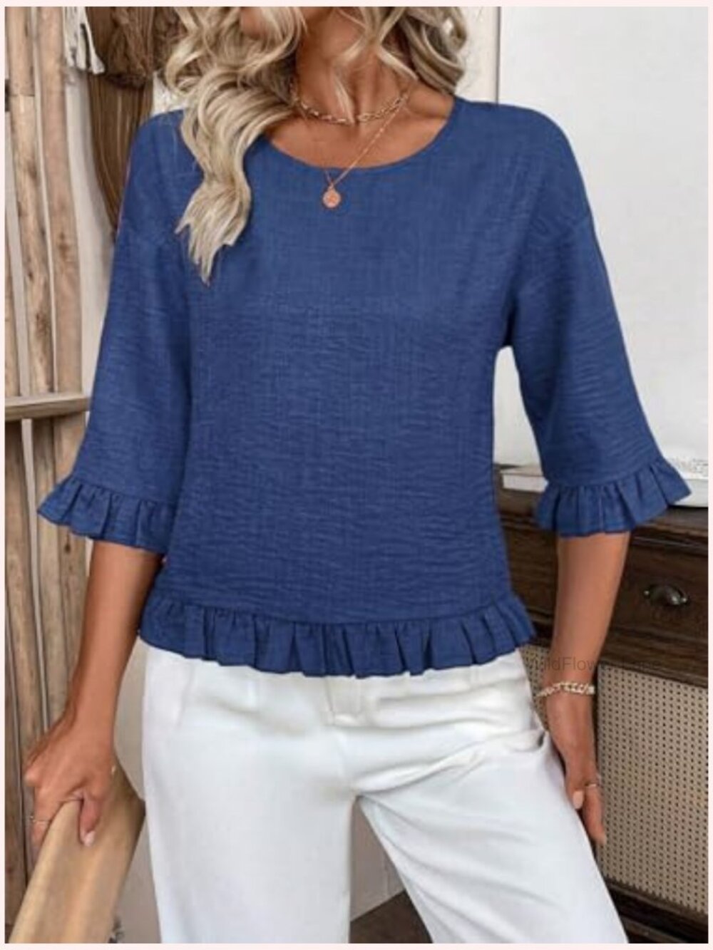 Ruffle 3/4 Sleeve Linen Blend Blouse Crew Neck Drop Shoulder Dressy Casual - Picture 4 of 5